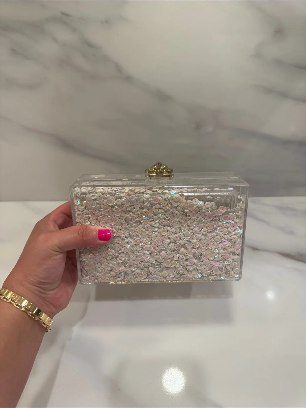 Iridescent Sequin Acrylic Clutch Bag - White